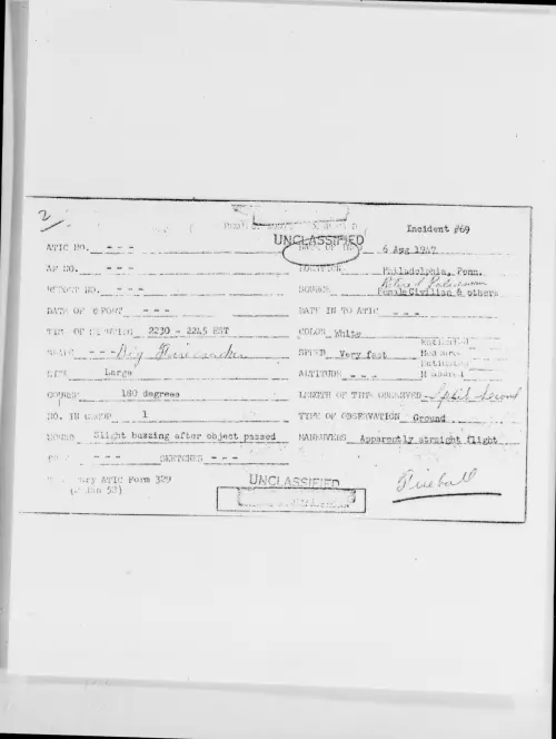 First page of Philadelphia, Penn., August 1947 - Incident Number: 69