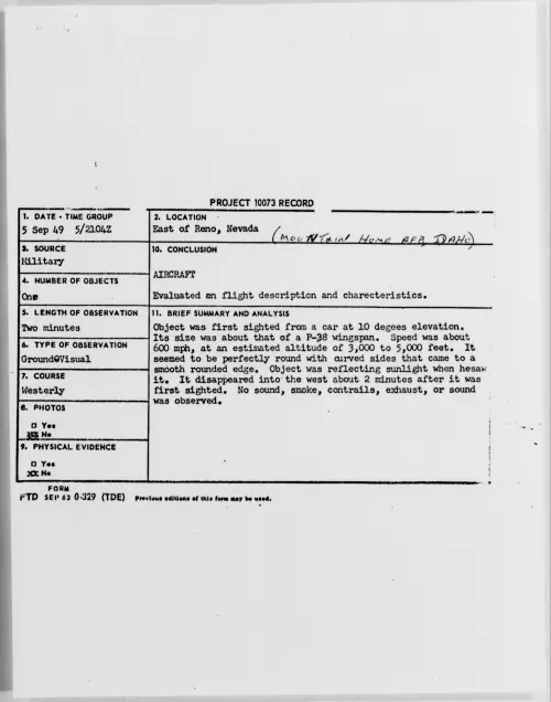 First page of East of Reno, Nevada (Mountain Home AFB, Idaho), September 1949