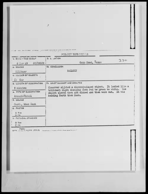 First page of Camp Hood, Texas, May 1949 - Incident Number: 330