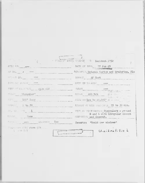 First page of Between Cortez And Braderton, Fla, January 1949 - Incident Number: 252