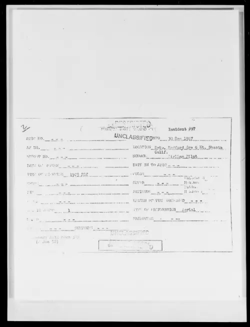 First page of Betw. Medford Ore & Mt. Shasta Calif., December 1947 - Incident Number: 97