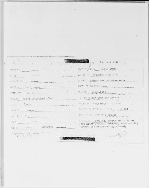 First page of Holloman AFB, N. M., April 1948 - Incident Number: 122
