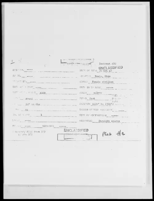 First page of Xenia, Ohio, October 1947 - Incident Number: 20
