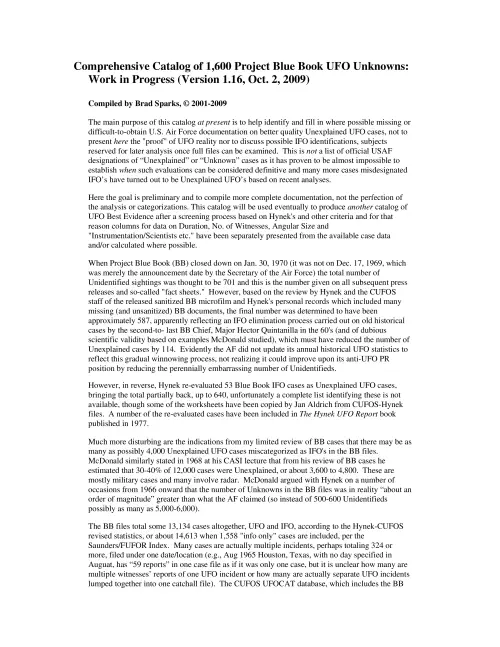 First page of Brad Sparks - Comprehensive Catalog of 1,600 Project Blue Book UFO Unknowns
