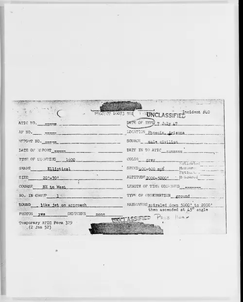 First page of Phoenix, Arizona, July 1947 - Incident Number: 40