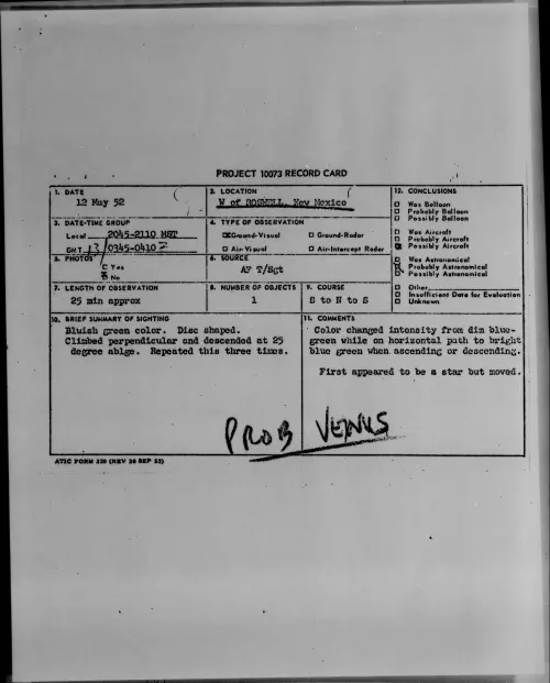 First page of W of ROSWELL, New Mexico, May 1952