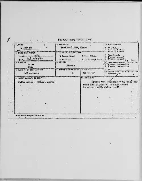 First page of Lackland AFB, Texas, April 1952