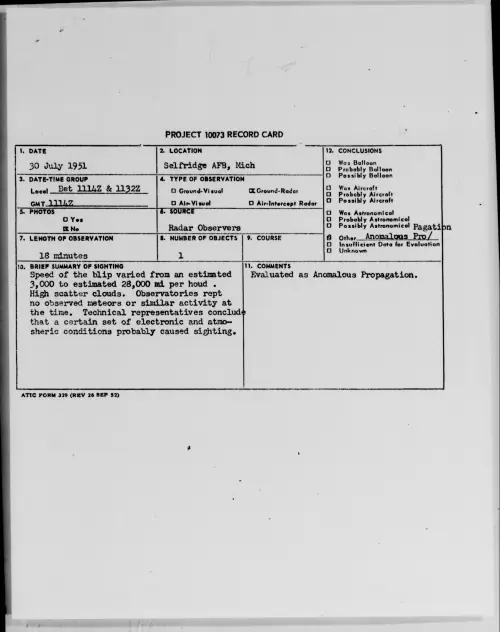 First page of Selfridge AFB, Mich, July 1951