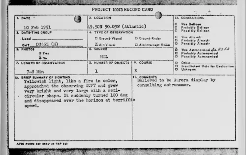 First page of 49.50N 50.03W (Atlantic), February 1951