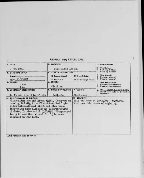 First page of Cape Wales Alaska, February 1951
