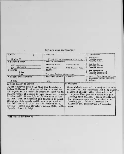First page of 50 mi SE of Holloman AFB N.M., January 1951