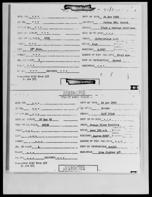 First page of Hickam AFB, Hawaii, December 1950 - Incident Number: [ILLEGIBLE]