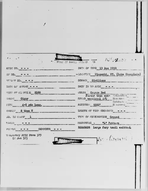 First page of Winooski, VT. (Lake Champlain), December 1950 - Incident Number: [ILLEGIBLE]