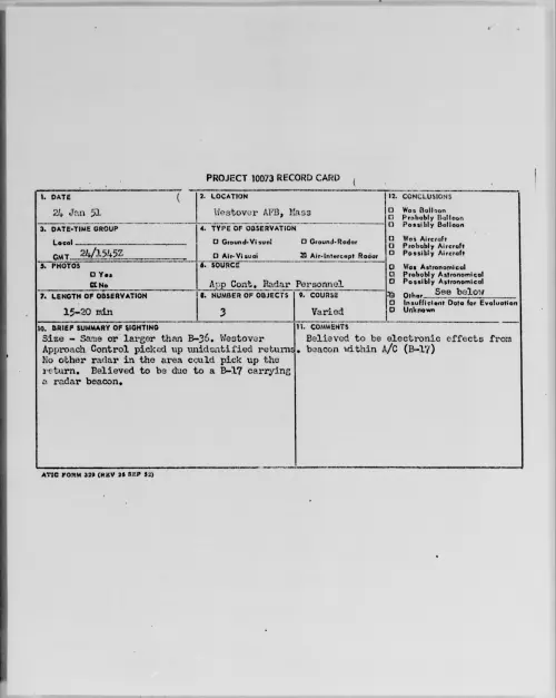 First page of Westover AFB, Mass, January 1951