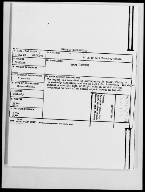 First page of North of Fort Francis, Canada, July 1949
