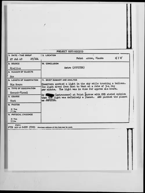 First page of Point arrow, Alaska, July 1949 - Incident Number: 414
