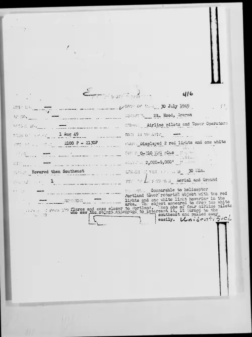 First page of Mt. Hood, Oregon, July 1949 - Incident Number: 416