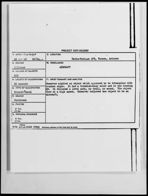 First page of Davis-Mountain AFB, Tucson, Arizona, August 1949