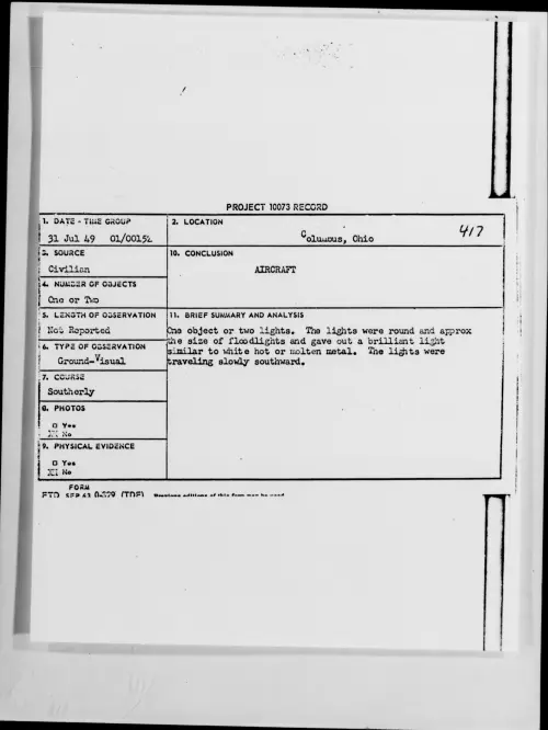First page of Columbus, Ohio, July 1949 - Incident Number: 417