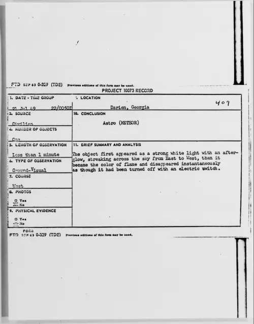First page of Darien, Georgia, July 1949 - Incident Number: 409