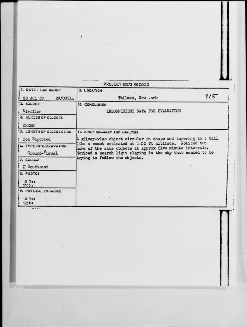 First page of Tallman, New York, July 1949 - Incident Number: 415