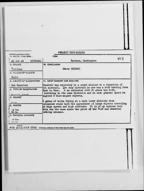 First page of Spokane, Washington, July 1949 - Incident Number: 413