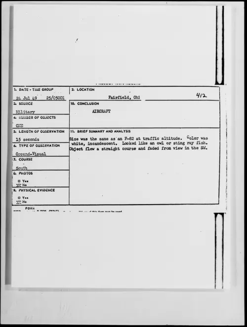 First page of Fairfield, Ohio, July 1949 - Incident Number: 412