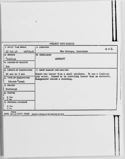 First page of New Orleans, Louisiana, July 1949 - Incident Number: 402