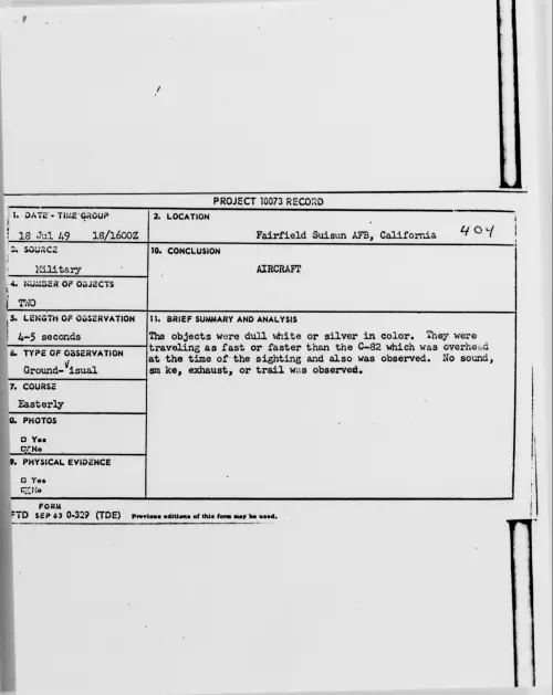 First page of Fairfield Suisun AFB, California, July 1949 - Incident Number: 404