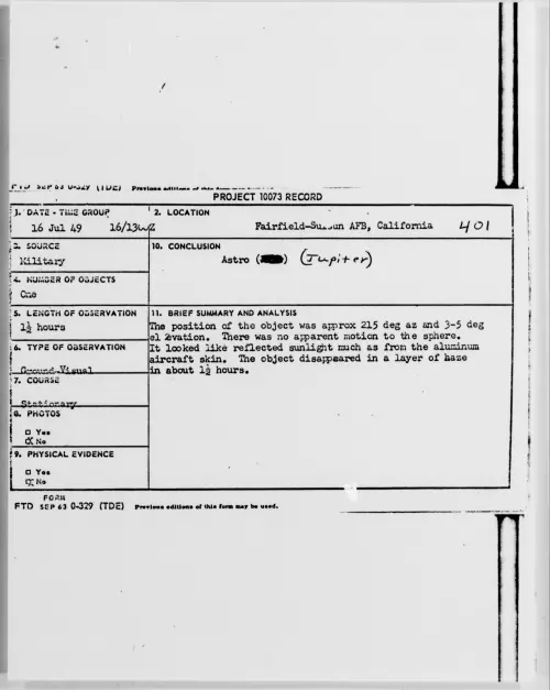 First page of Fairfield-Suisun AFB, California, July 1949 - Incident Number: 401