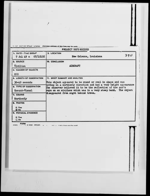 First page of New Orleans, Louisiana, July 1949 - Incident Number: 390