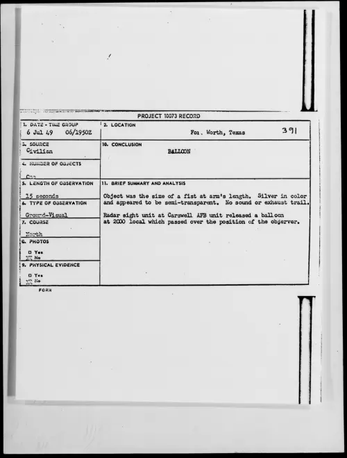 First page of Fort Worth, Texas, July 1949 - Incident Number: 391