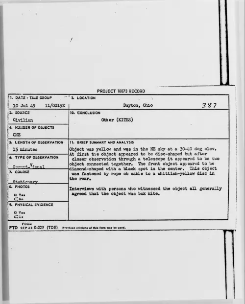 First page of Dayton, Ohio, July 1949 - Incident Number: 387
