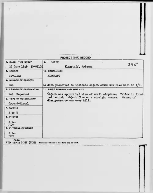 First page of Flagstaff, Arizona, June 1949 - Incident Number: 395