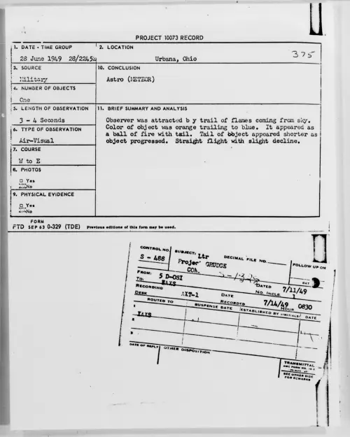 First page of Urbana, Ohio, June 1949 - Incident Number: 375