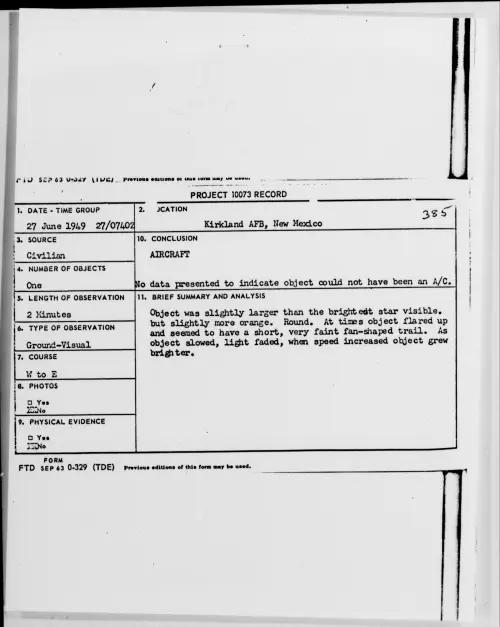 First page of Kirkland AFB, New Mexico, June 1949 - Incident Number: 385