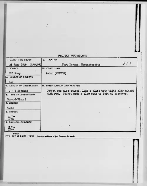 First page of Fort Devens, Massachusetts, June 1949 - Incident Number: 373