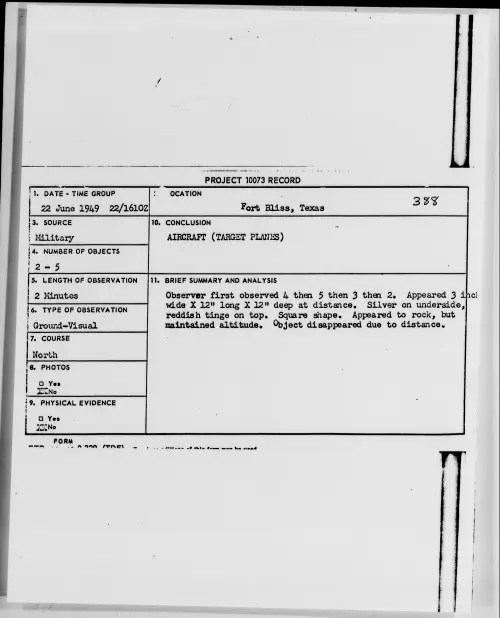 First page of Fort Bliss, Texas, June 1949 - Incident Number: 388