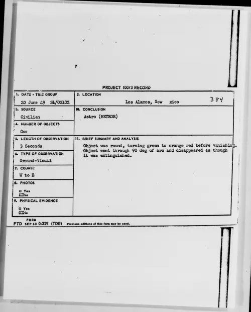 First page of Los Alamos, New Mexico, June 1949 - Incident Number: 384