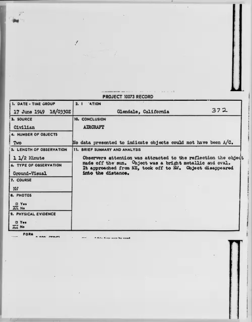 First page of Glendale, California, June 1949 - Incident Number: 372