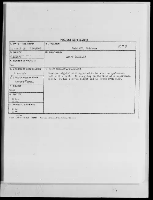 First page of Enid AFB, Oklahoma, April 1949 - Incident Number: 298