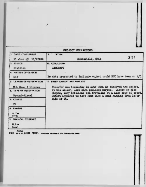 First page of Huntsville, Ohio, June 1949 - Incident Number: 381