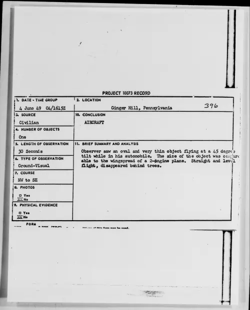 First page of Ginger Hill, Pennsylvania, June 1949 - Incident Number: 396