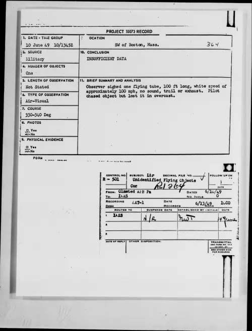 First page of SW of Boston, Mass., June 1949 - Incident Number: 364