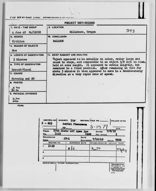 First page of Hillsboro, Oregon, June 1949 - Incident Number: 393