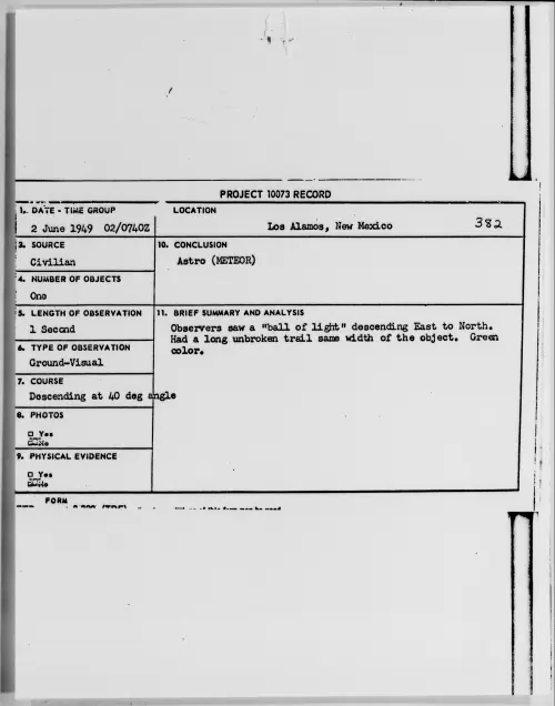 First page of Los Alamos, New Mexico, June 1949 - Incident Number: 382
