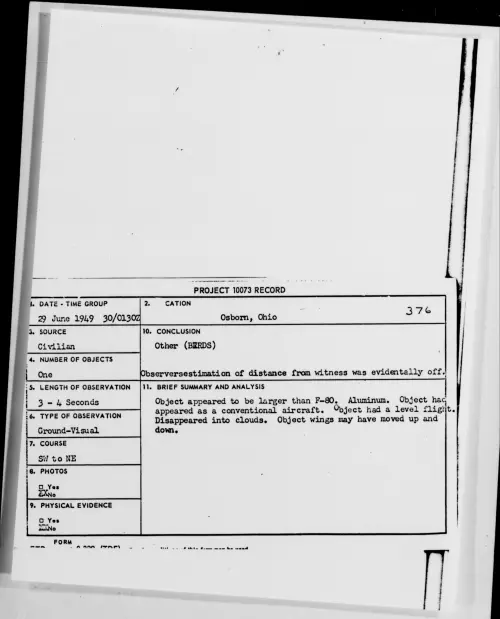 First page of Osborn, Ohio, June 1949 - Incident Number: 376
