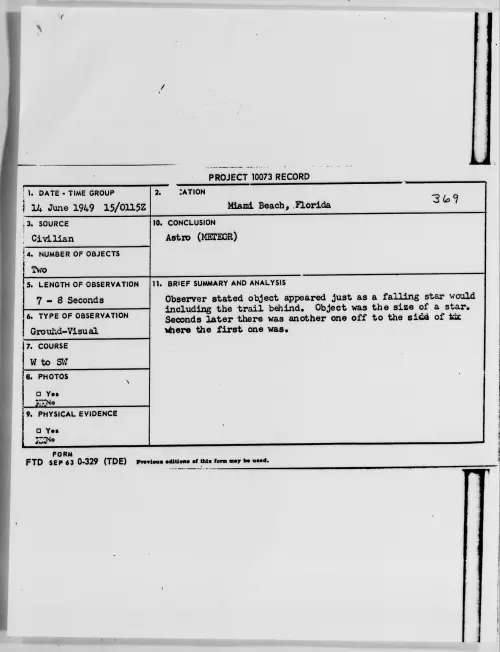 First page of Miami Beach, Florida, June 1949 - Incident Number: 369