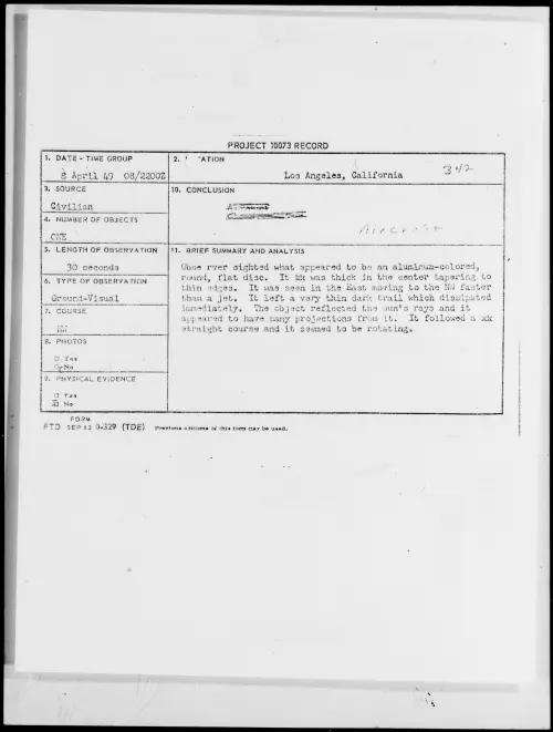 First page of Los Angeles, California, April 1949 - Incident Number: 342