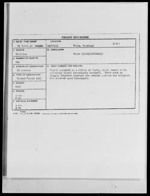 First page of Unity, Maryland, April 1949 - Incident Number: 321